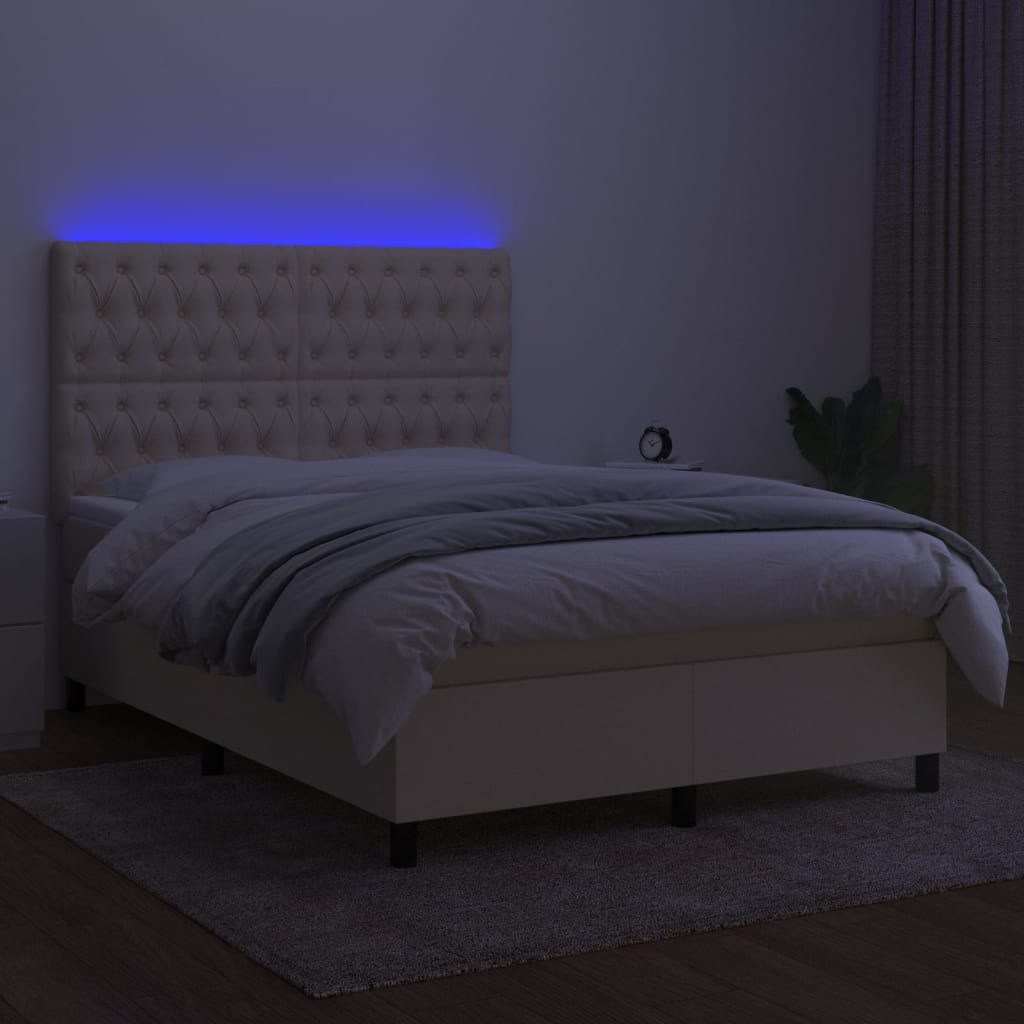 vidaXL kontinentalseng med LED-lys 140x200 cm stof cremefarvet