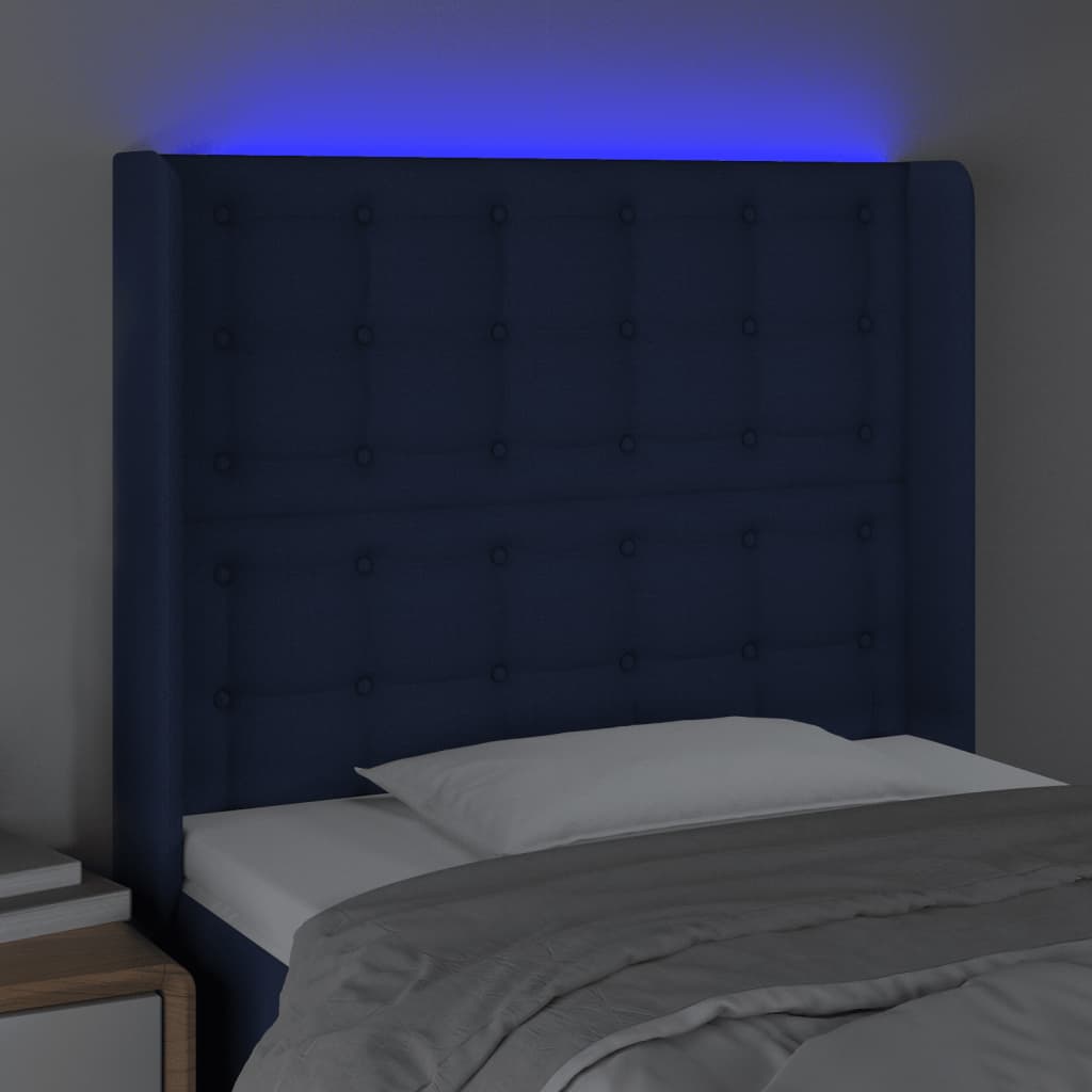 vidaXL sengegavl med LED-lys 83x16x118/128 cm stof blå