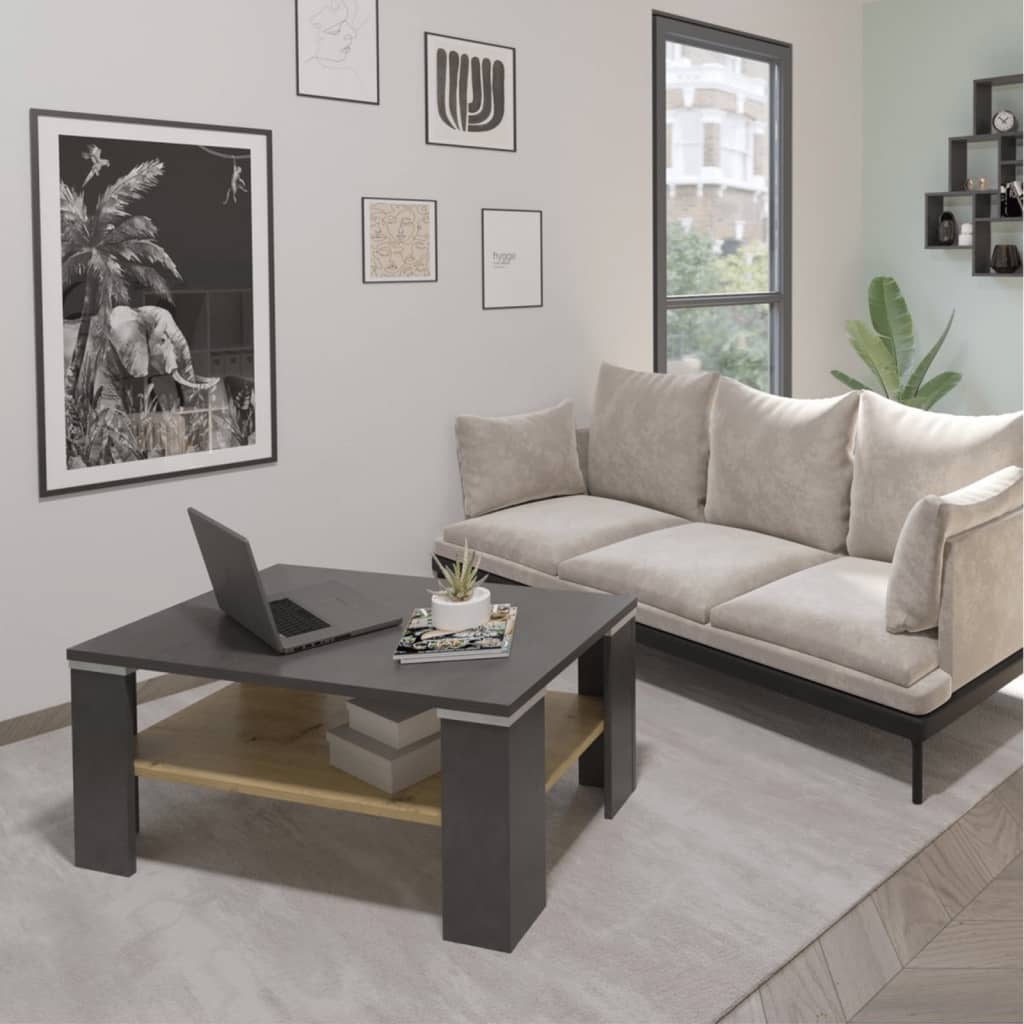 FMD sofabord med hylde grå steneffekt og egetræ