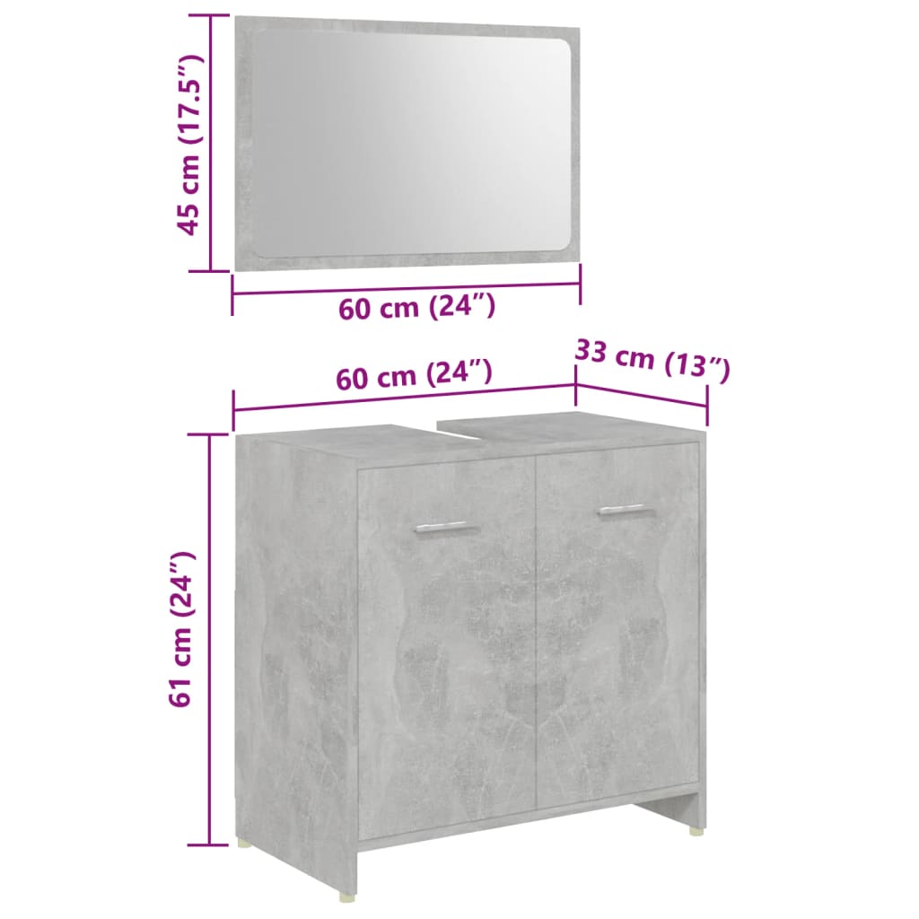 vidaXL møbelsæt til badeværelse 3 dele konstrueret træ betongrå