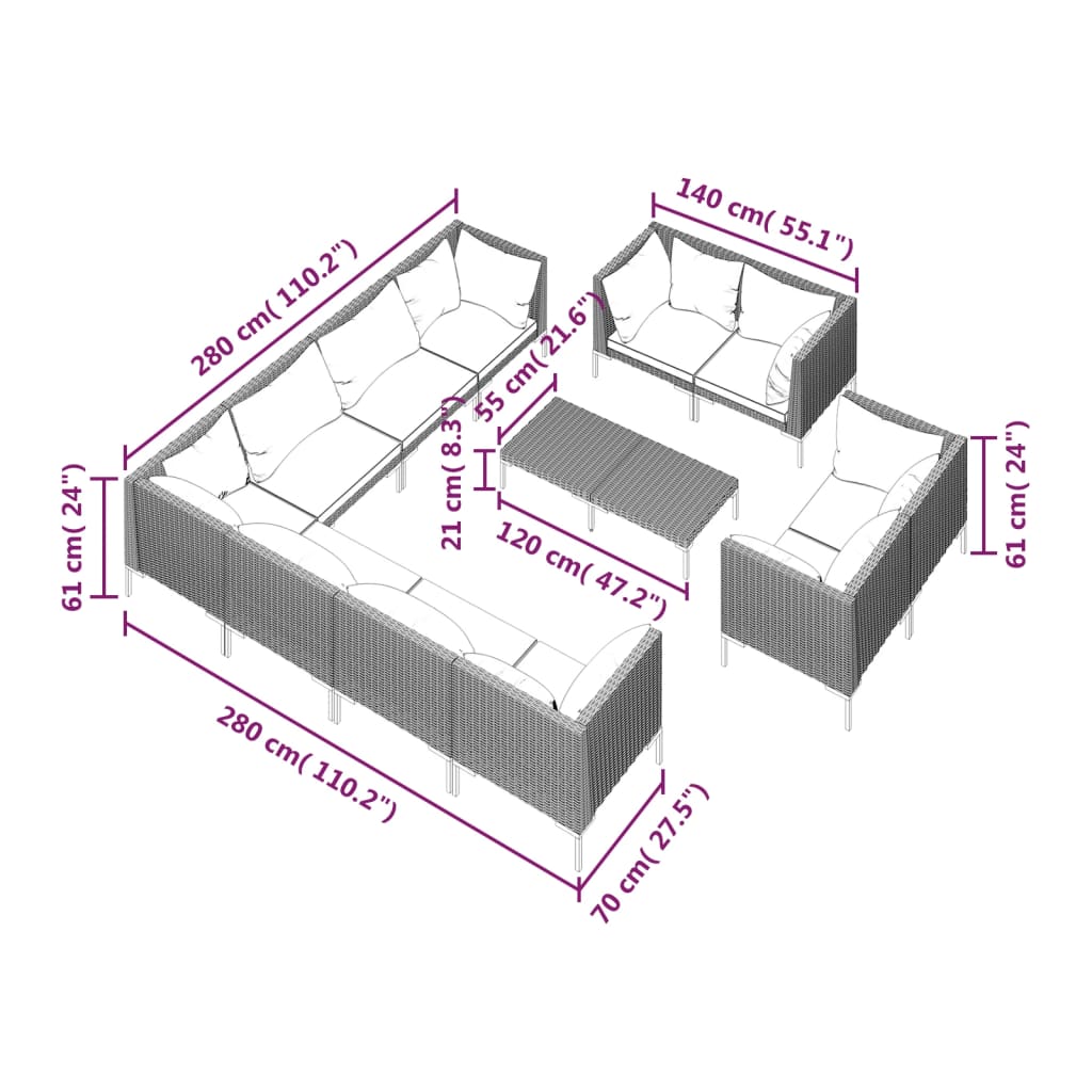 vidaXL loungesæt til haven 12 dele med hynder polyrattan mørkegrå