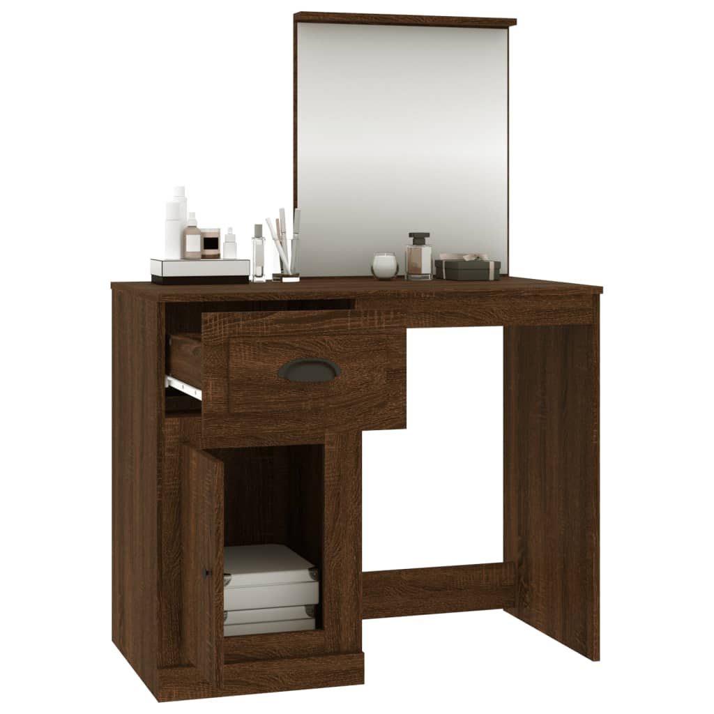 vidaXL makeupbord med spejl 90x50x132,5 cm konstrueret træ brunt eg
