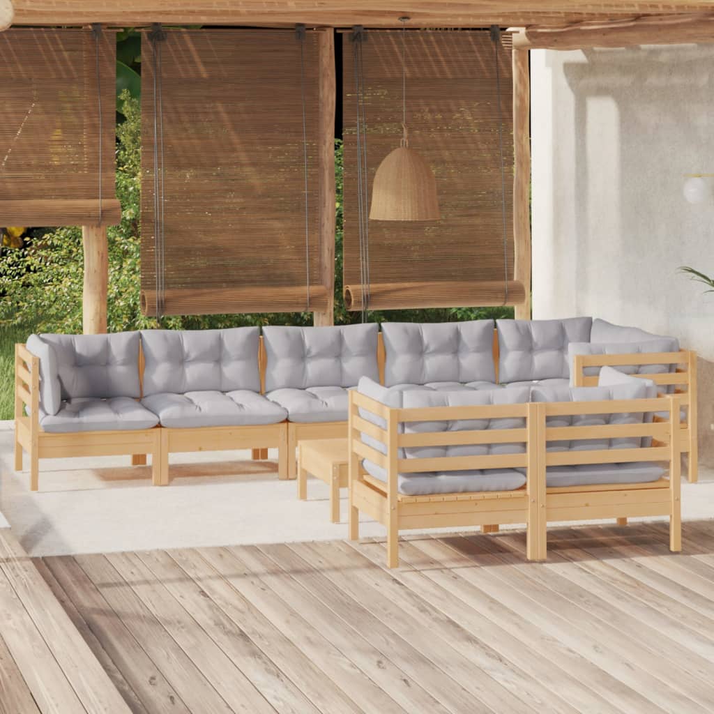 vidaXL loungesæt til haven 9 dele med grå hynder massivt fyrretræ