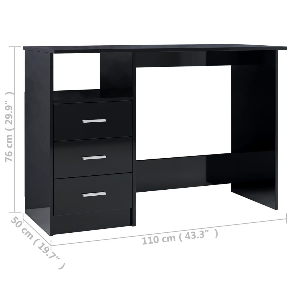 vidaXL skrivebord med skuffer 110x50x76 cm spånplade sort højglans