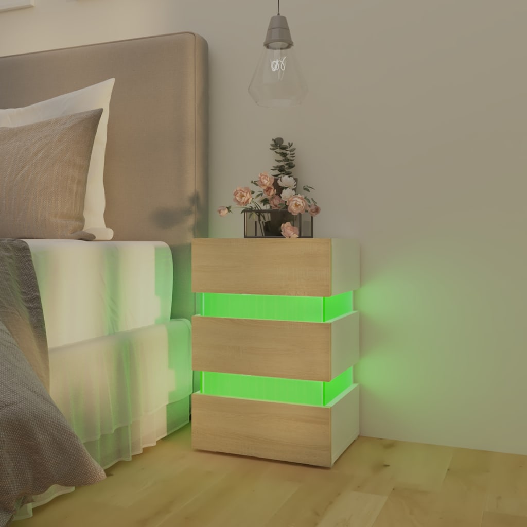 vidaXL sengebord med LED 45x35x67 cm konstrueret træ hvid og sonoma-eg