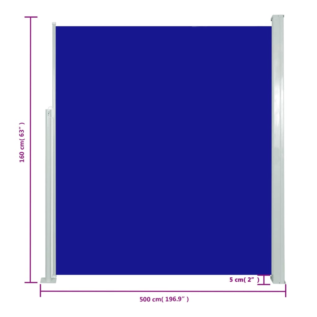 vidaXL sammenrullelig sidemarkise til terrassen 160x500 cm blå