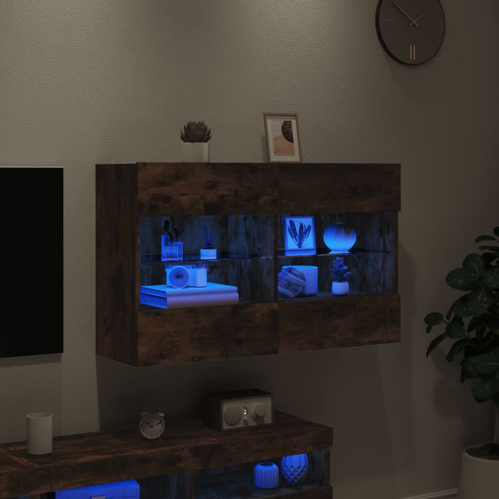 vidaXL væghængt tv-bord med LED-lys 98,5x30x60,5 cm røget egetræsfarve