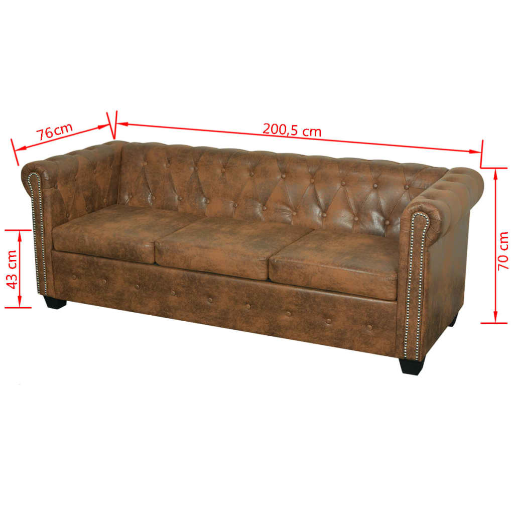 vidaXL 3-personers Chesterfield sofa kunstlæder brun