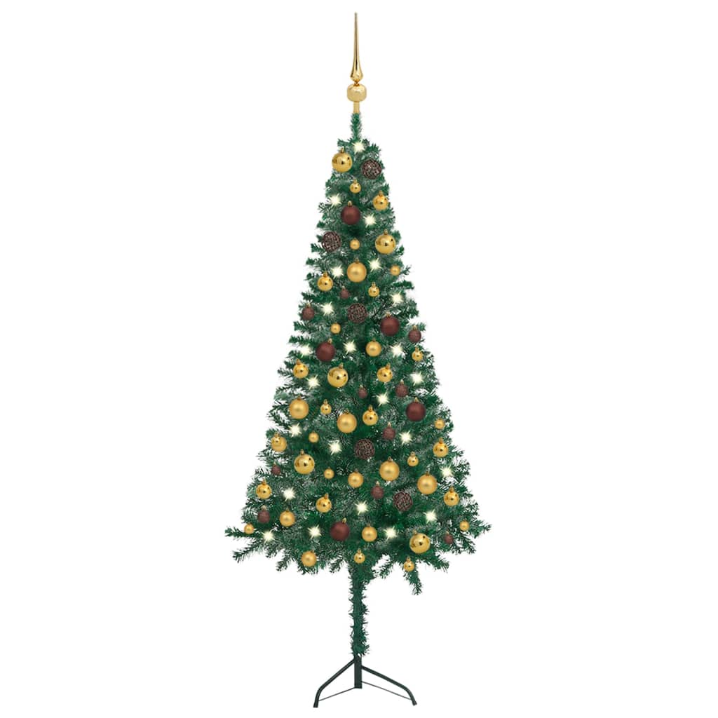 vidaXL kunstigt juletræ til hjørne med LED + kuglesæt 120 cm PVC grøn