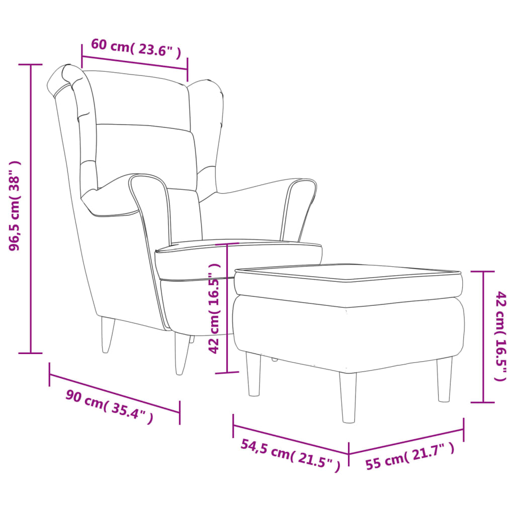 vidaXL lænestol med vingeryglæn og fodskammel fløjl brun