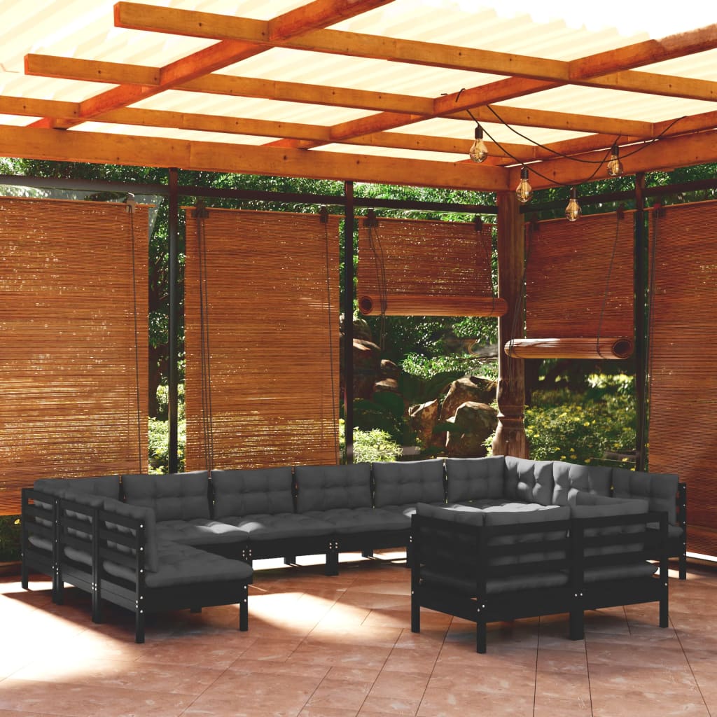 vidaXL loungesæt til haven 12 dele med hynder massivt fyrretræ sort