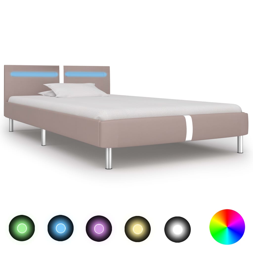 vidaXL sengestel med LED 90 x 200 cm cappuccinofarvet kunstlæder