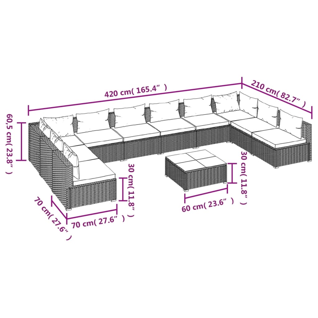 vidaXL loungesæt til haven 11 dele med hynder polyrattan sort