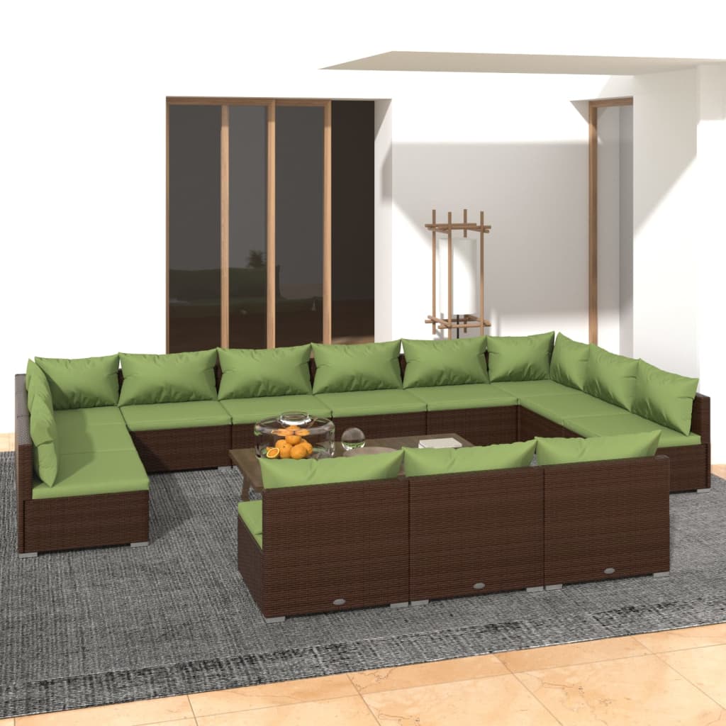 vidaXL loungesæt til haven 13 dele med hynder polyrattan brun