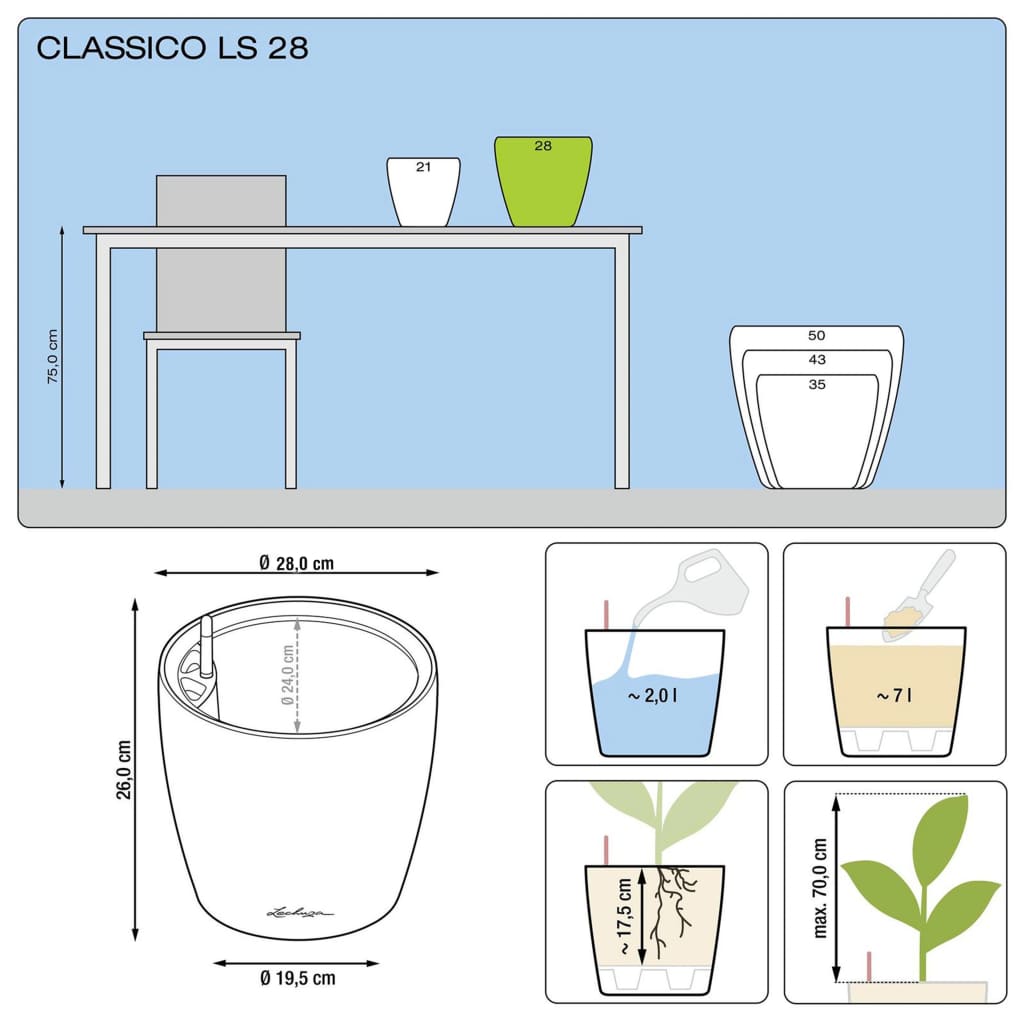 LECHUZA plantekrukke CLASSICO LS 28 ALL-IN-ONE metallisk sort 16043