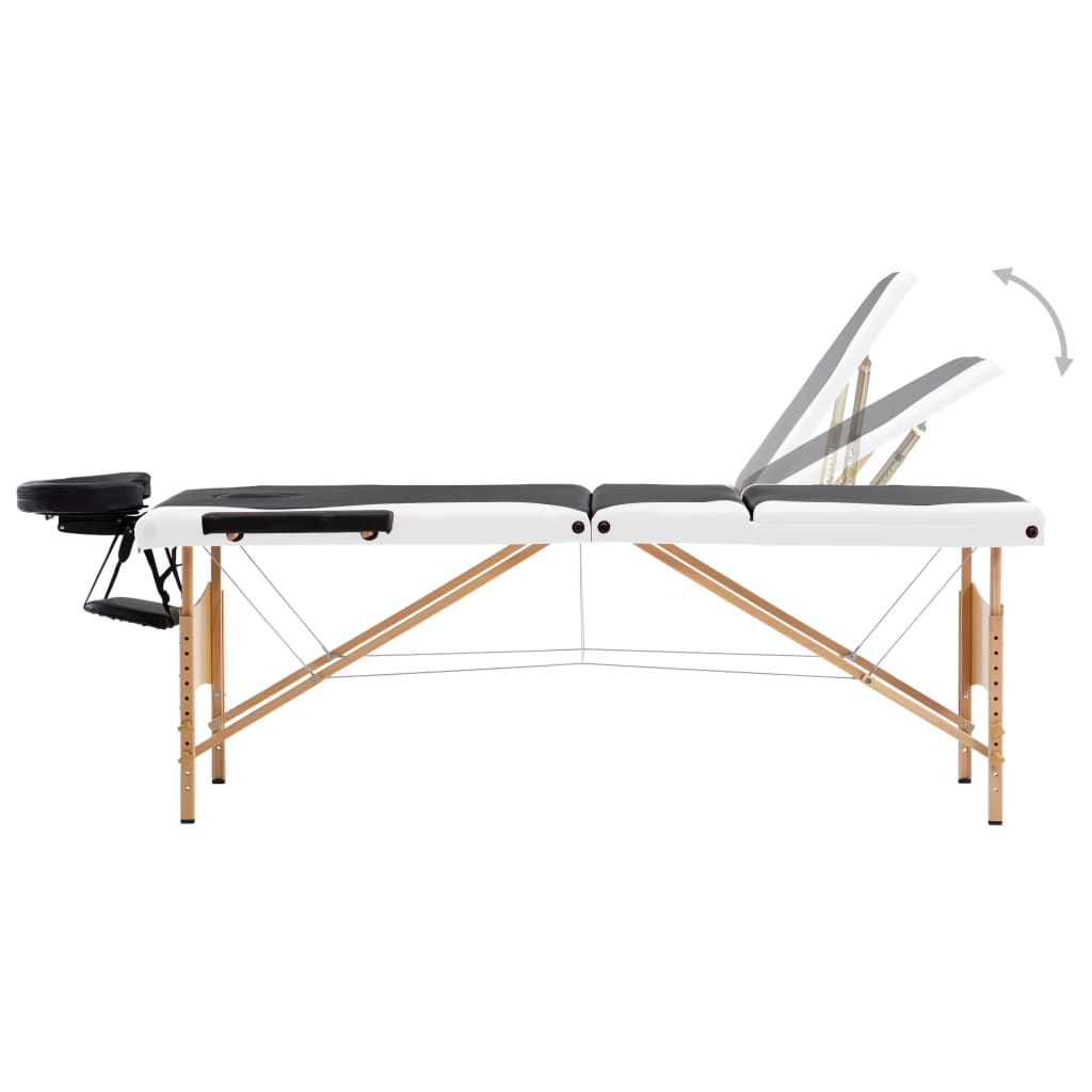 vidaXL sammenfoldeligt massagebord med træstel 3 zoner sort og hvid