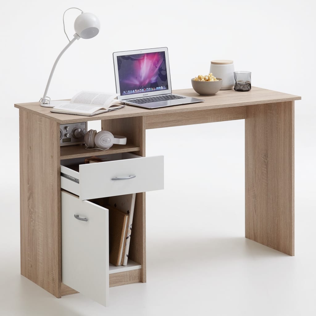 FMD skrivebord med 1 skuffe 123 x 50 x 76,5 cm egetræsfarve og hvid