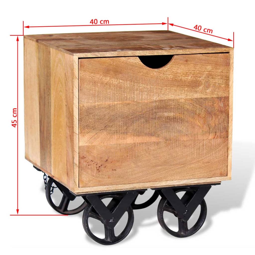 vidaXL sidebord med skuffe og hjul i massivt mangotræ 40 x 40 x 45 cm