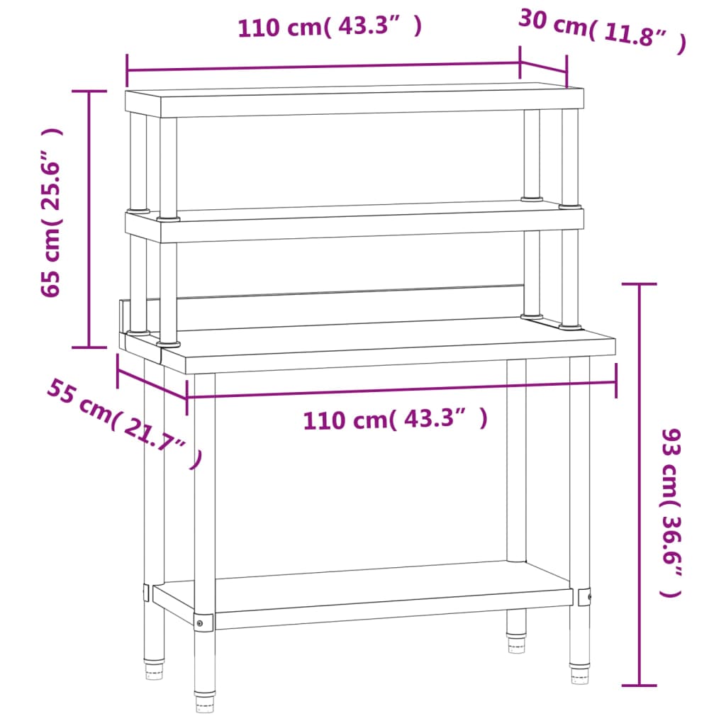 vidaXL køkkenbord med tophylde 110x55x150 cm rustfrit stål