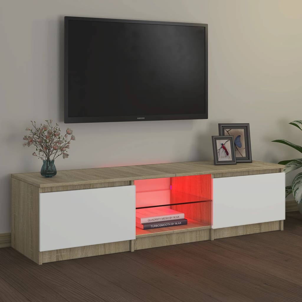 vidaXL tv-bord med LED-lys 140x40x35,5 cm hvid og sonoma-eg
