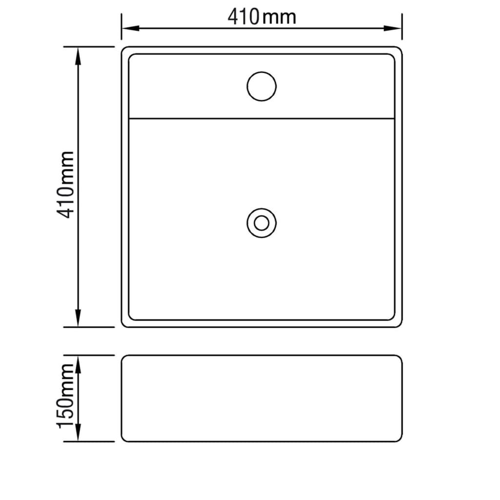 Keramisk firkantet håndvask m. overløb og hul til hane 41 x 41 cm
