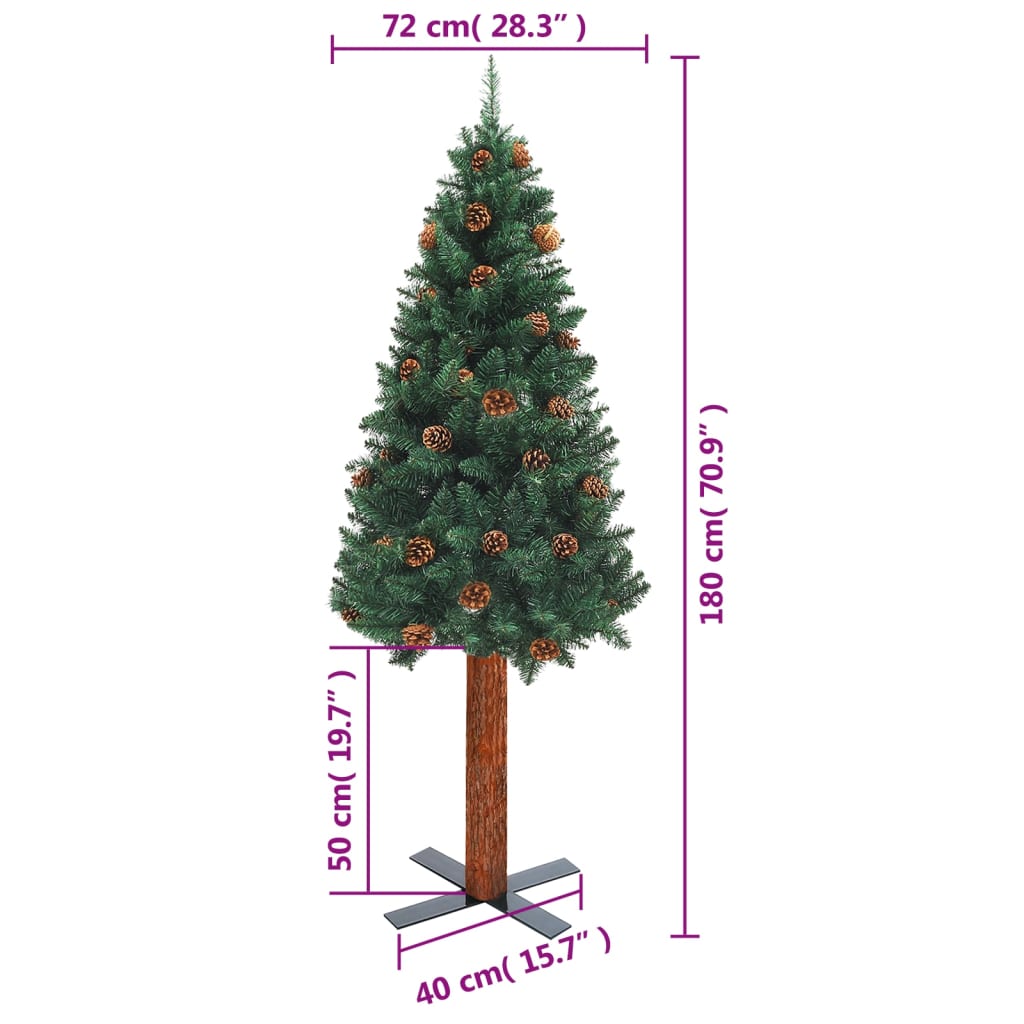 vidaXL smalt juletræ med ægte træ og grankogler 180 cm PVC grøn