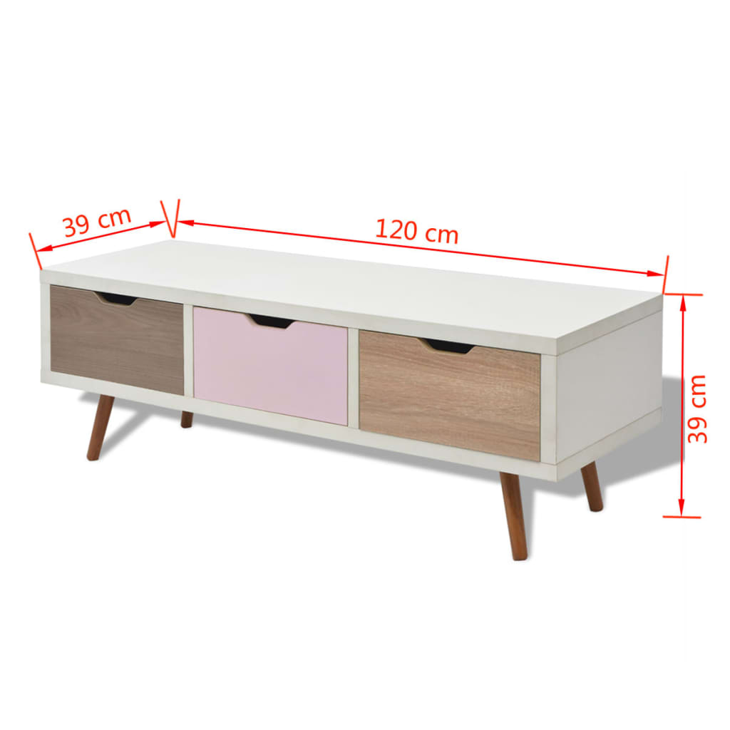 vidaXL TV-bord med 3 skuffer 120 x 39 x 39 cm hvid