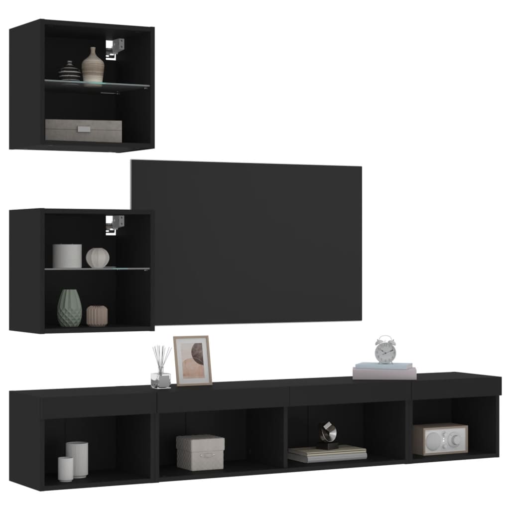 vidaXL tv-møbel til væg 5 dele med LED-lys konstrueret træ sort