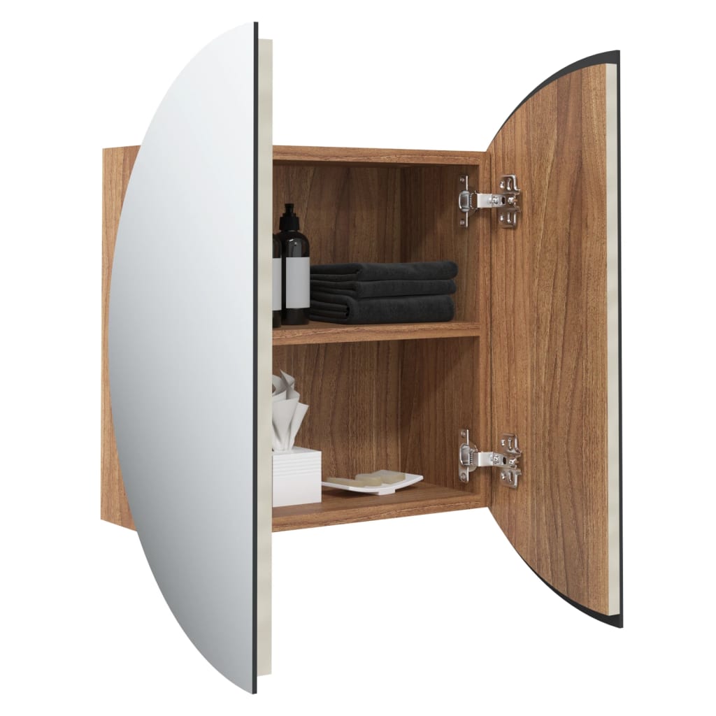 vidaXL badeværelsesskab med rundt spejl og LED-lys 40x40x17,5cm egetræ