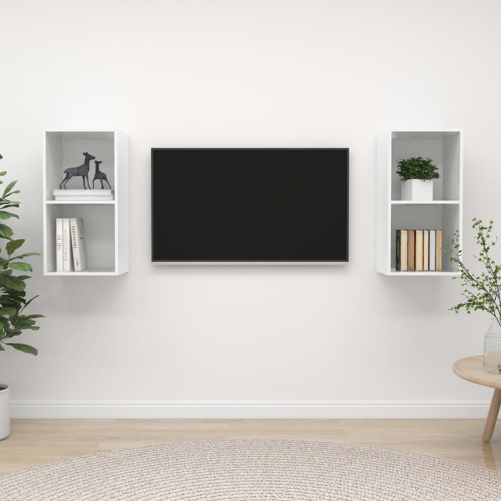 vidaXL vægmonterede tv-skabe 2 stk. konstrueret træ hvid højglans