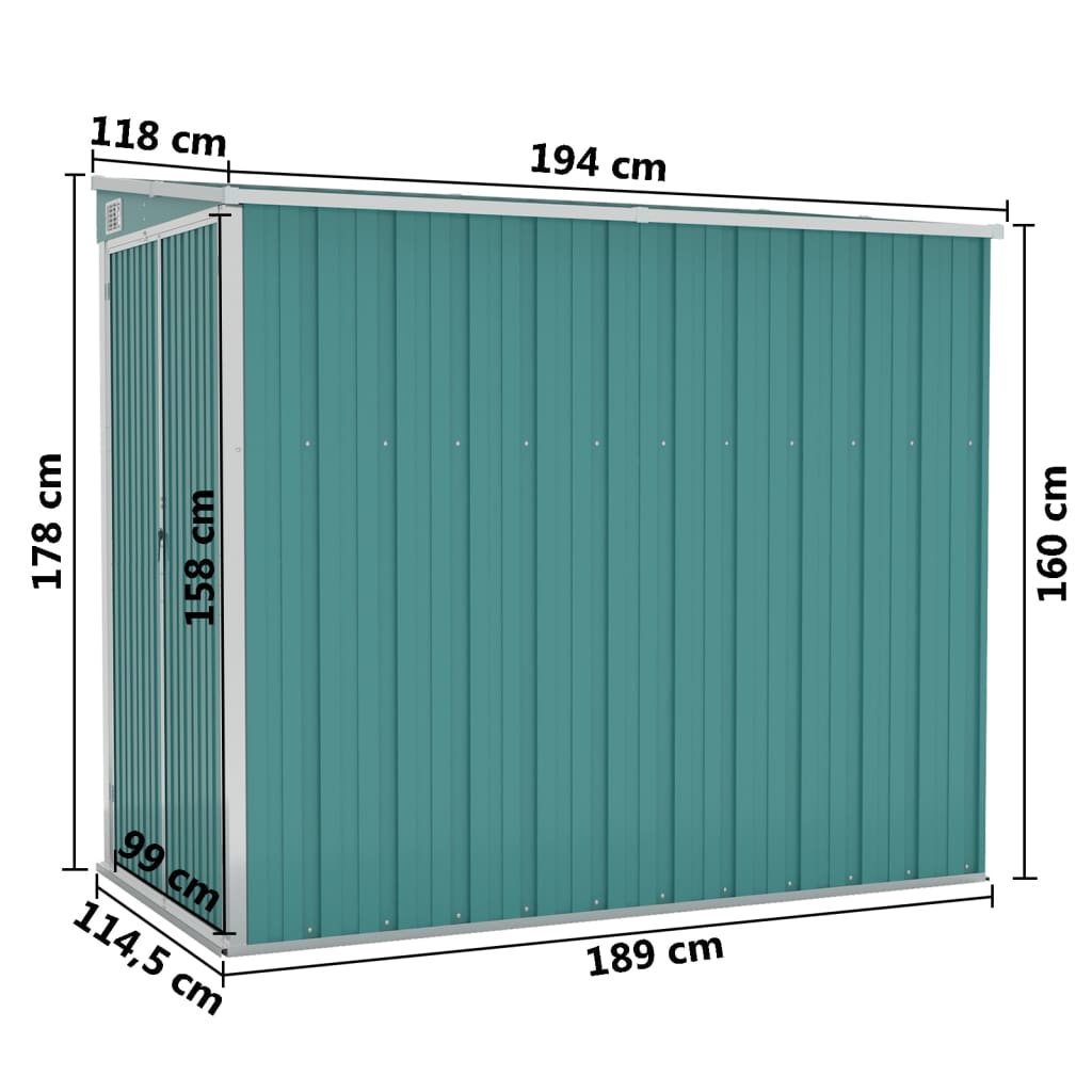 vidaXL vægmonteret haveskur 118x194x178 cm galvaniseret stål grøn