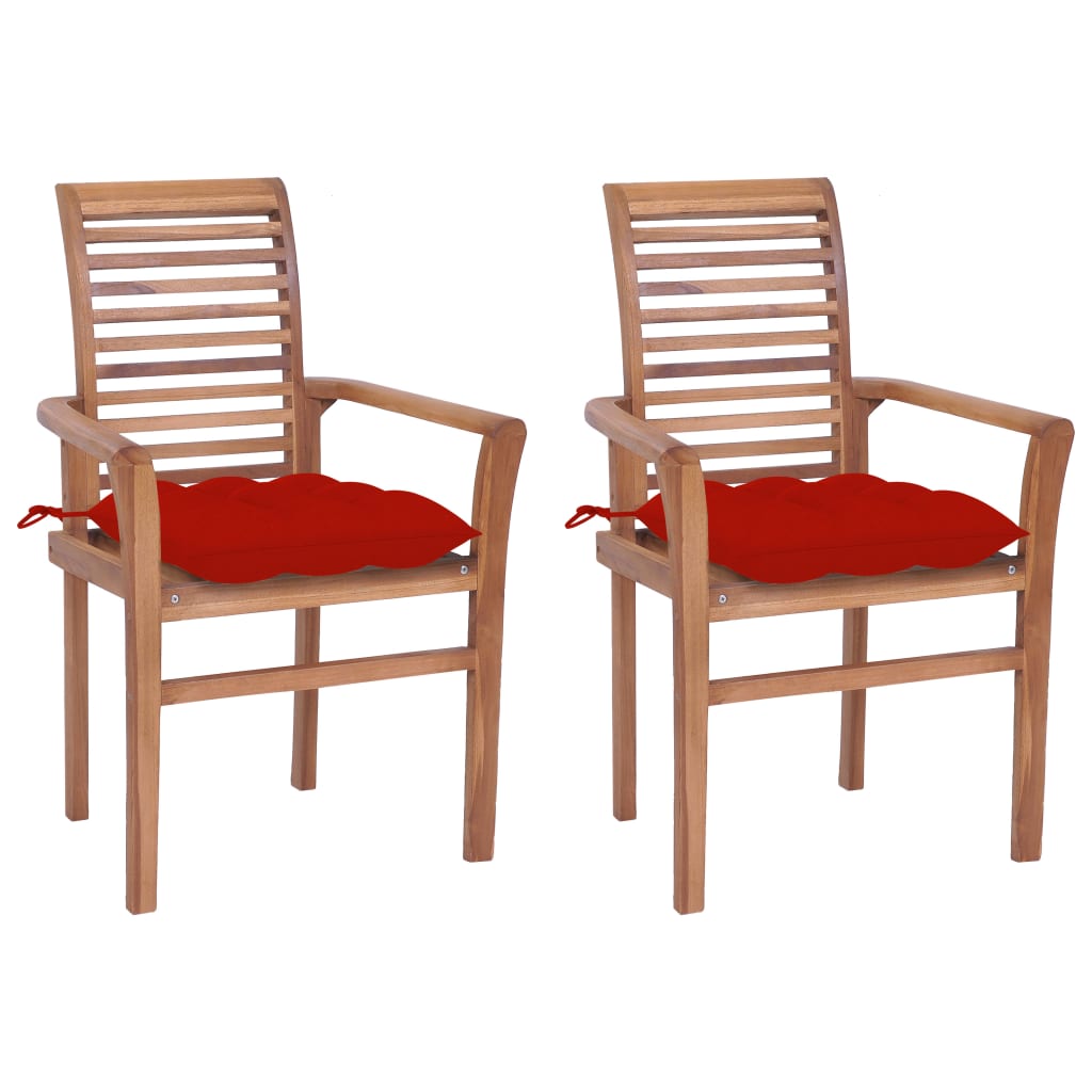 vidaXL spisebordsstole 2 stk. med røde hynder massivt teaktræ