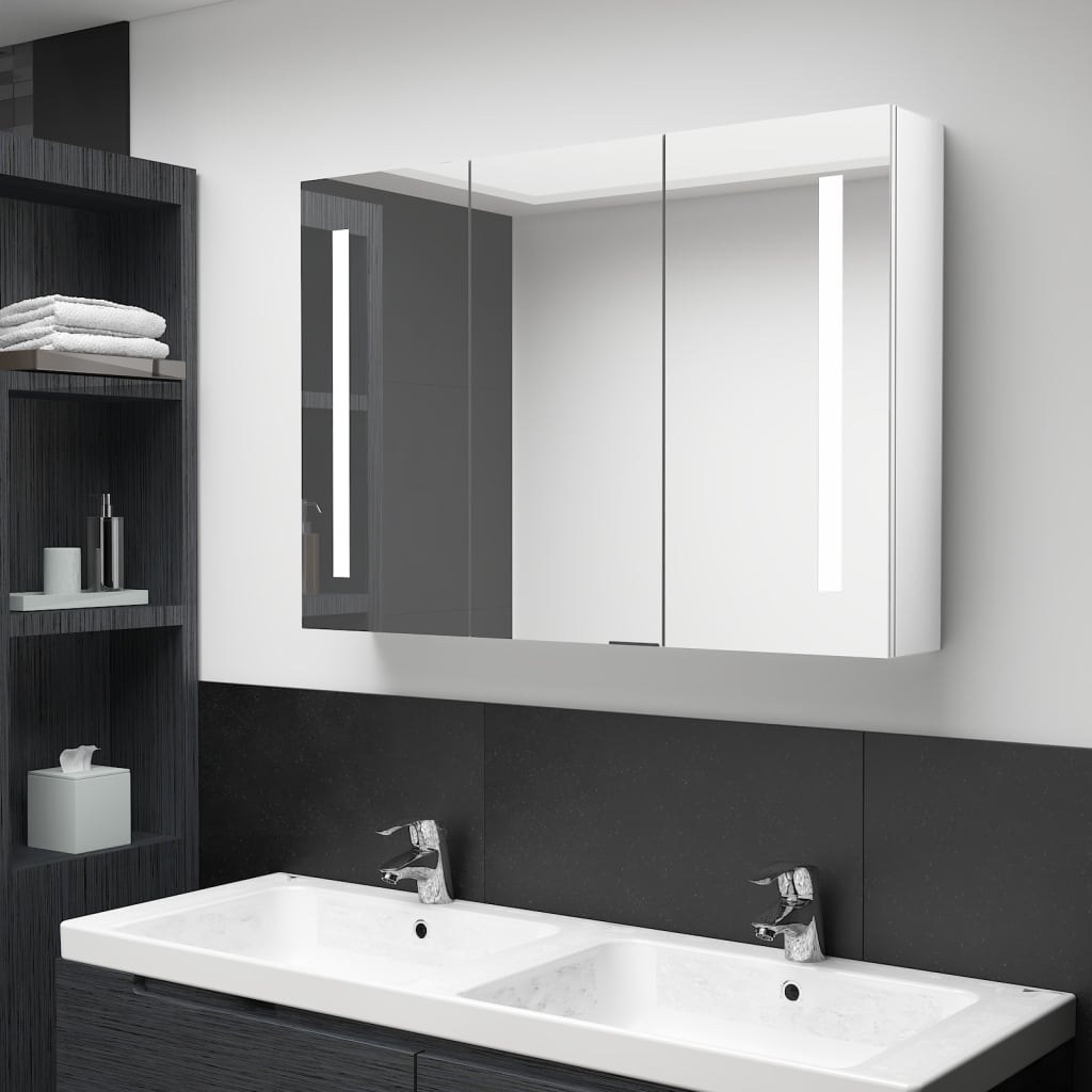 vidaXL badeværelsesskab med spejl + LED-lys 89x14x62 cm skinnende hvid