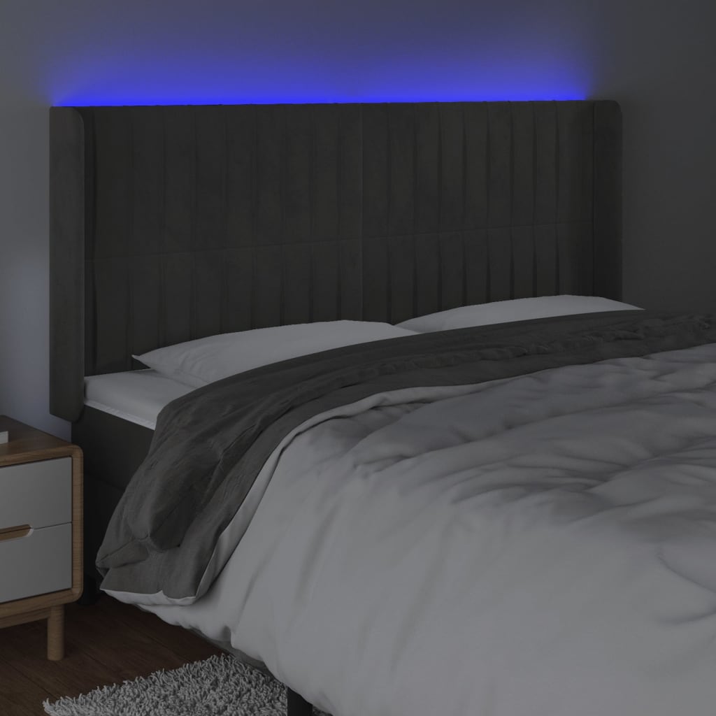 vidaXL sengegavl med LED-lys 203x16x118/128 cm fløjl mørkegrå