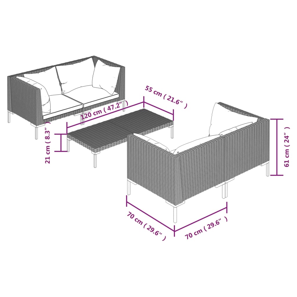 vidaXL loungesæt til haven 5 dele med hynder polyrattan mørkegrå