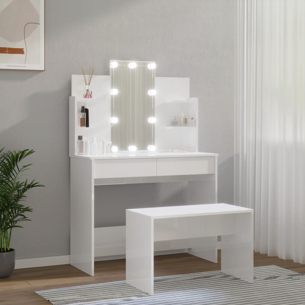 vidaXL makeupbordssæt med LED-lys konstrueret træ hvid højglans