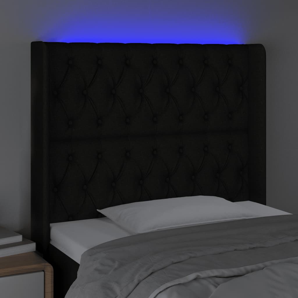 vidaXL sengegavl med LED-lys 103x16x118/128 cm stof sort