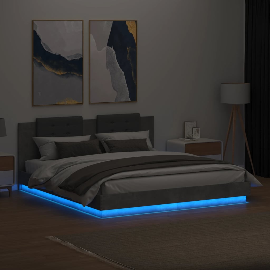 vidaXL sengeramme med sengegavl og LED-lys 160x200 cm betongrå