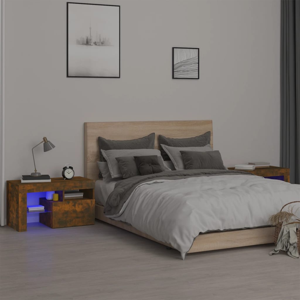 vidaXL sengeborde 2 stk. med LED-lys 70x36,5x40 cm røget egetræsfarve