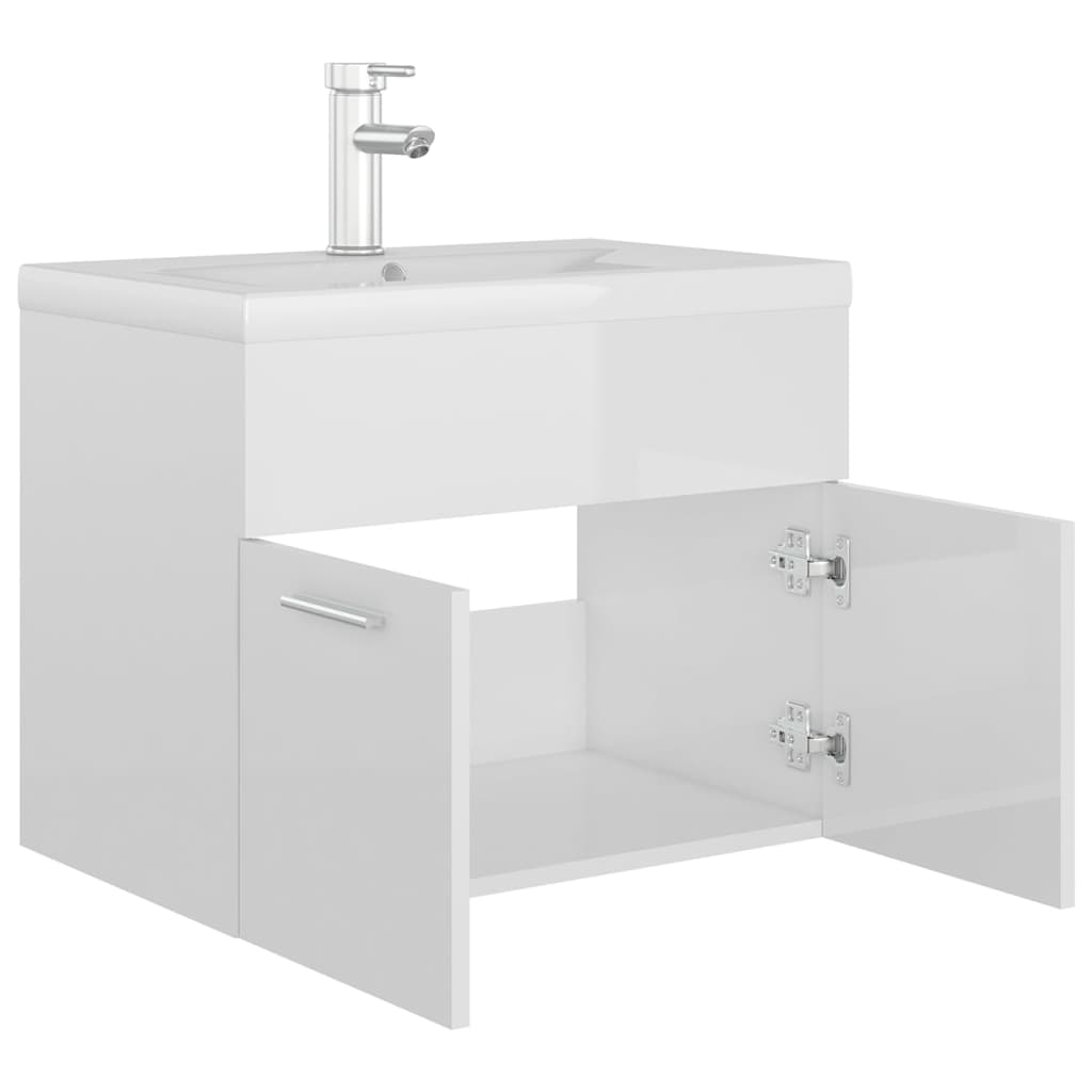vidaXL vaskeskab med indbygget håndvask spånplade hvid højglans