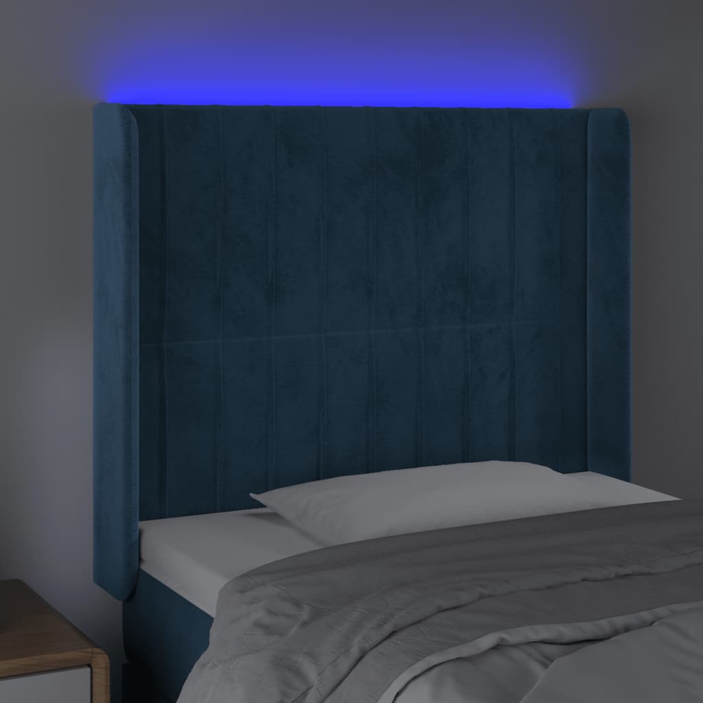 vidaXL sengegavl med LED-lys 83x16x118/128 cm fløjl mørkeblå