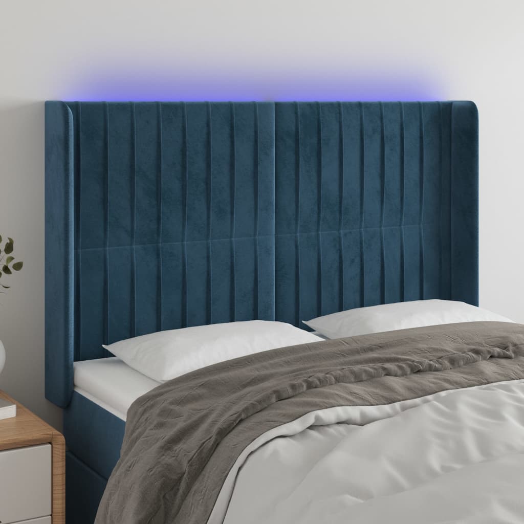 vidaXL sengegavl med LED-lys 147x16x118/128 cm fløjl mørkeblå