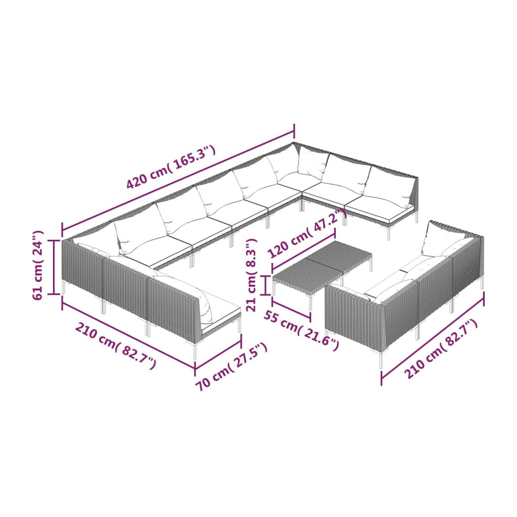 vidaXL loungesæt til haven 14 dele med hynder polyrattan mørkegrå