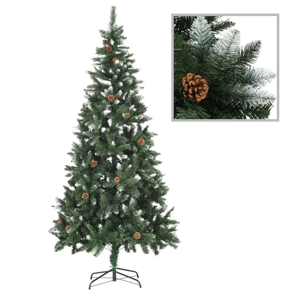 vidaXL juletræ med sne + lys + julekugler og grankogler 210 cm