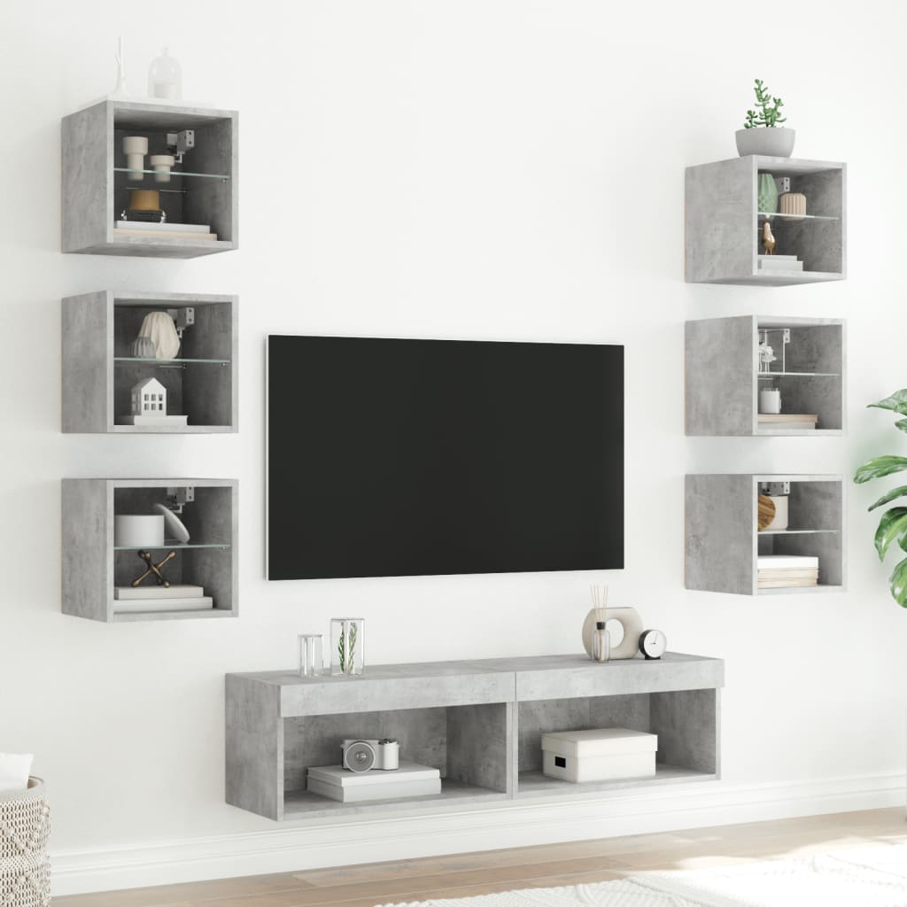 vidaXL tv-møbel til væg 8 dele med LED-lys konstrueret træ betongrå