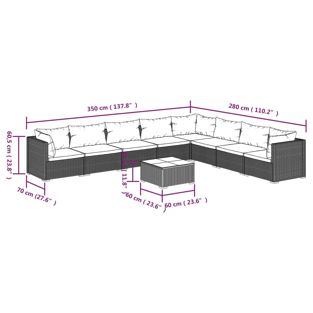vidaXL loungesæt til haven 9 dele med hynder polyrattan sort