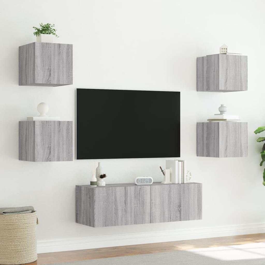 vidaXL væghængt tv-møbel 5 dele LED-lys grå sonoma-eg