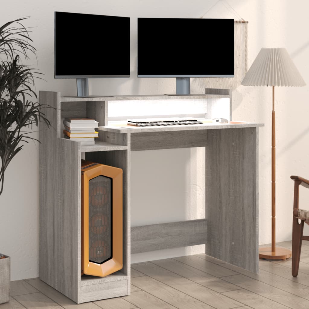 vidaXL skrivebord m. LED-lys 97x45x90 cm konstrueret træ grå sonoma-eg