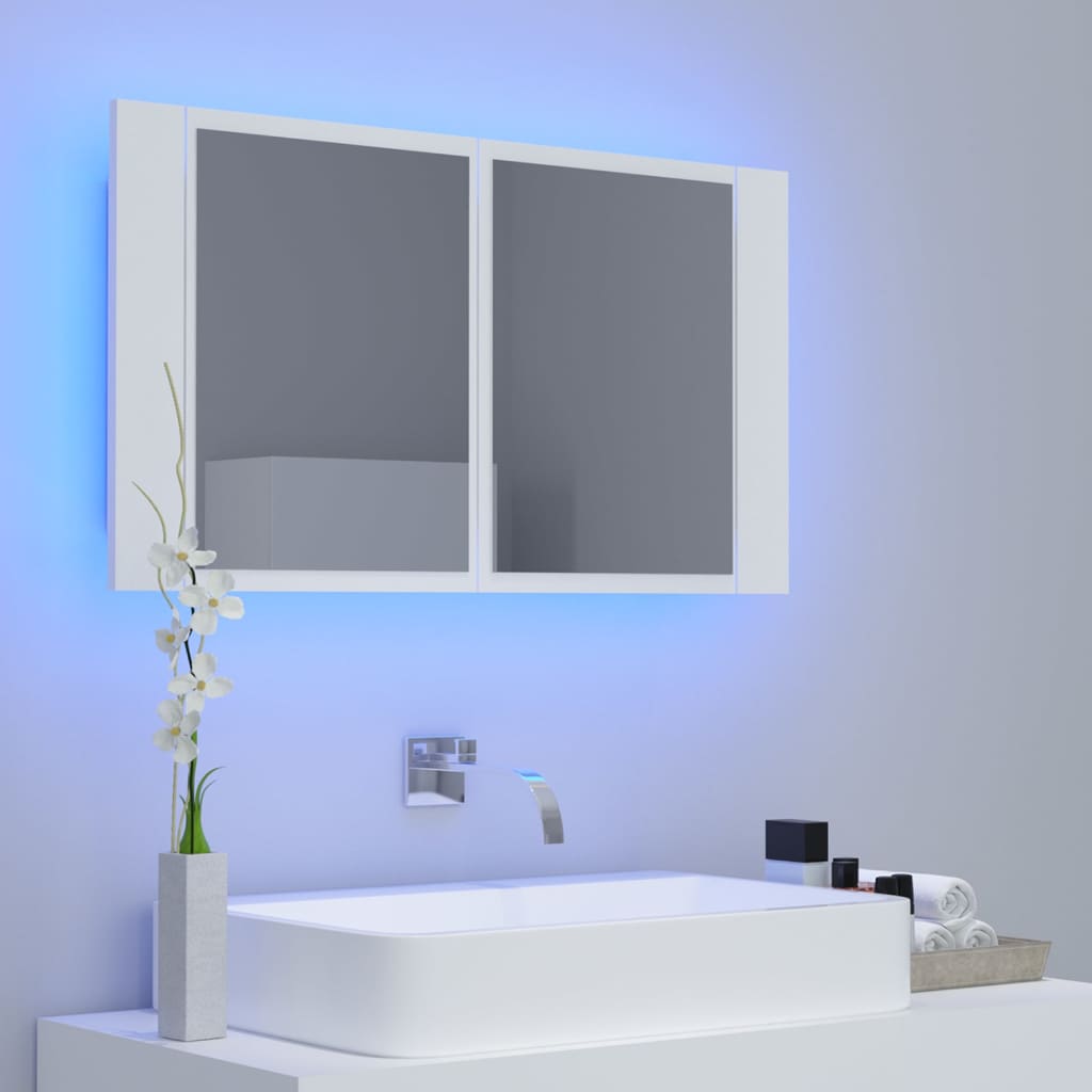 vidaXL badeværelsesskab m. spejl og LED-lys 80x12x45 cm akryl hvid