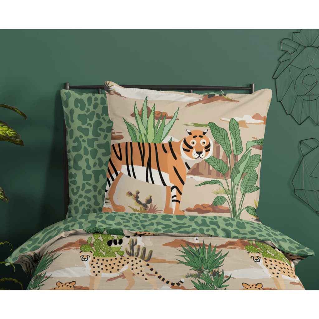 Good Morning sengetøj til børn FELINES 135x200 cm sandfarvet og grøn